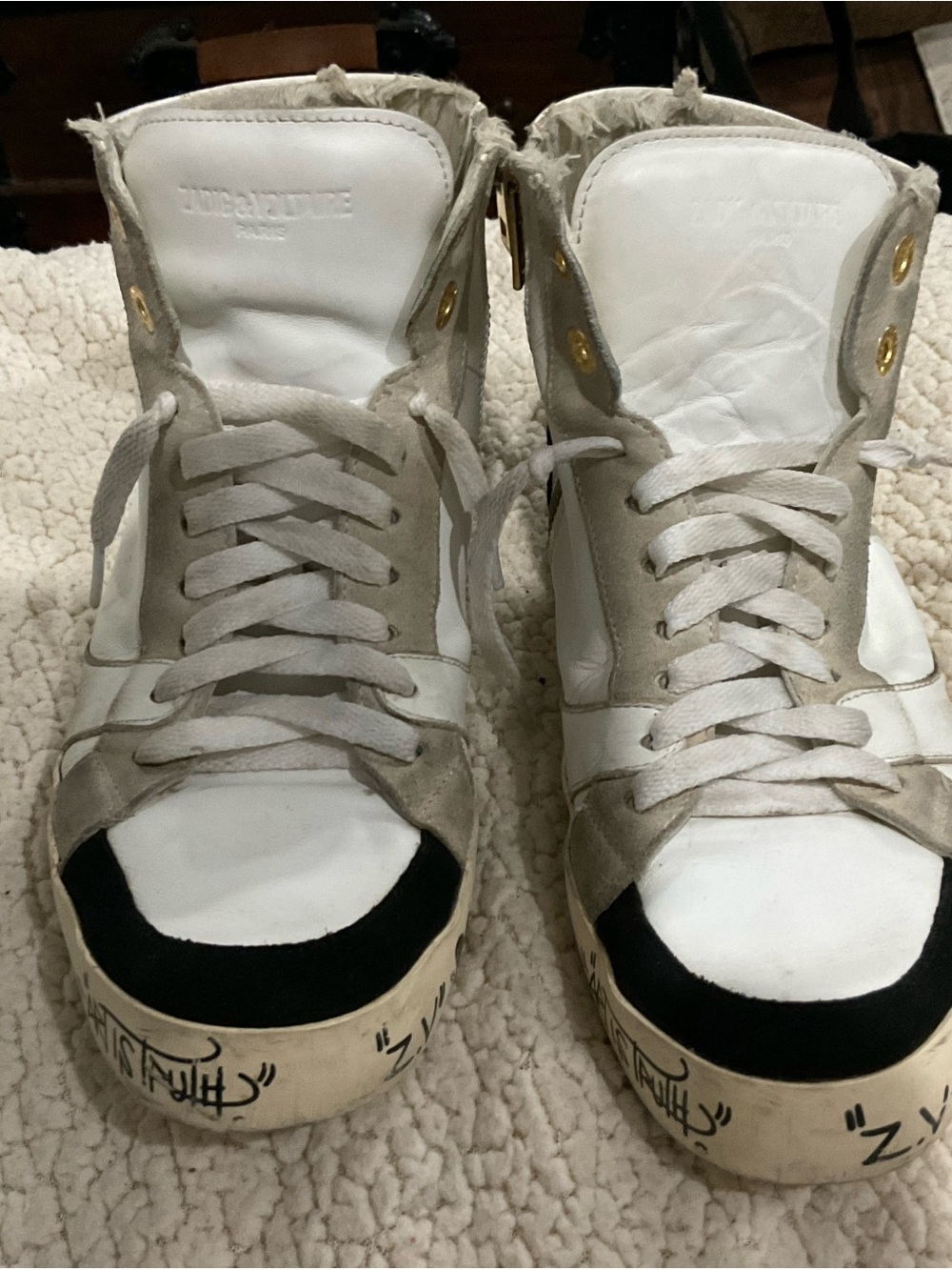 Zadig & Voltaire White, Beige and Black High-Top Sneakers with Graphic Soles